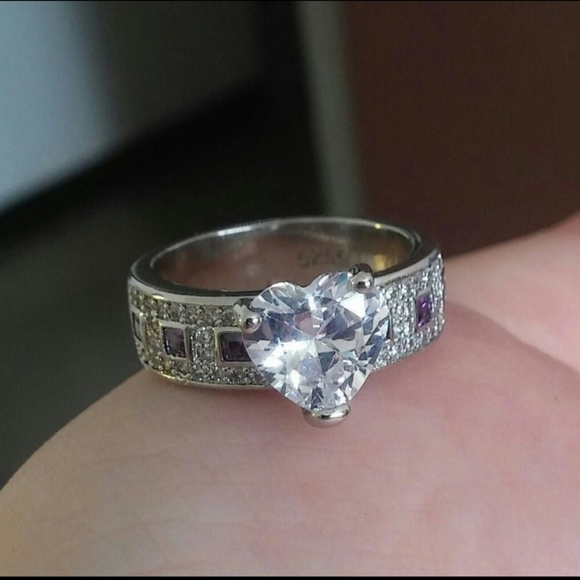 14k White Gold Over Silver Heart Diamond Amethyst Accent Blocked Eternity Ring 8